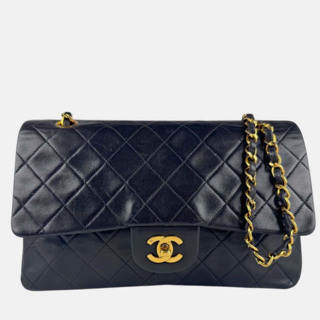 Chanel Double Flap Matelasse Shoulder Bag In Lambskin Black And Gold