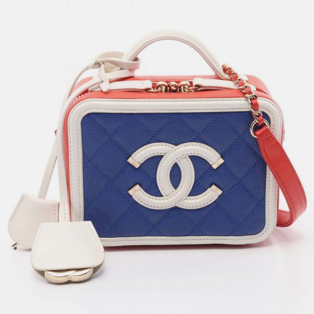 Chanel Cc Filigree Small Vanity Bag Shoulder Grained Calfskin Leather Blue Red White Chanel Cc Filigree Small Vanity Bag Shoulder Grained Calfskin Leather Blue Red White