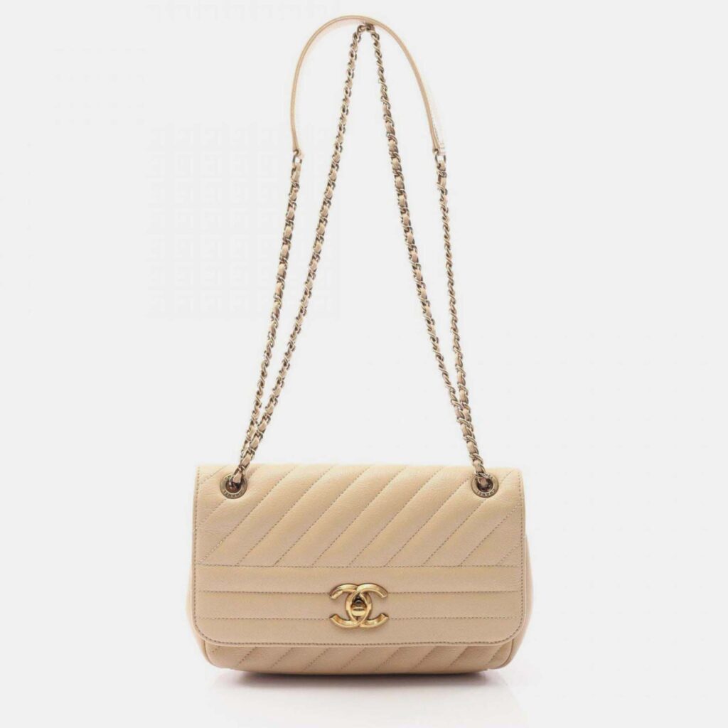 Chanel Diagonal Quilted Flap Shoulder Bag In Goatskin Leather Beige Chanel Diagonal Quilted Flap Shoulder Bag In Goatskin Leather Beige