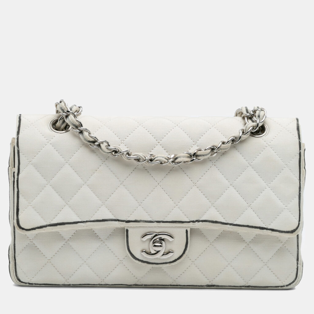 Chanel White Medium Classic Printed Grosgrain Double Flap Chanel White Medium Classic Printed Grosgrain Double Flap