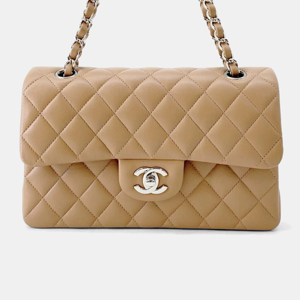 Chanel Matelasse W Flap Chain shoulder Bag Beige Lambskin Size 23