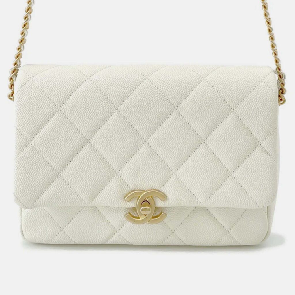 Chanel Matelasse Chain shoulder Bag White Caviar Leather