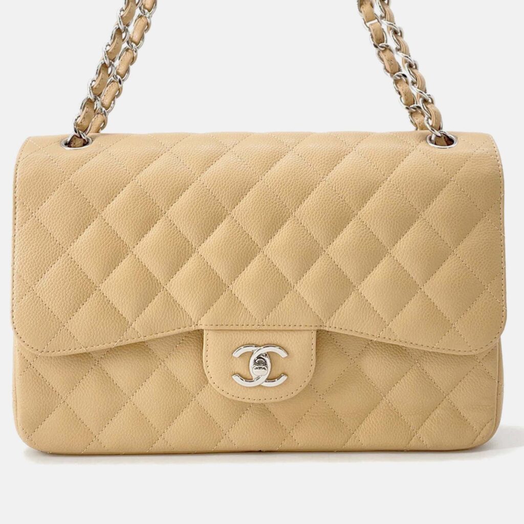 Chanel Matelasse W Flap Chain shoulder Bag Beige Caviar Leather Size 30