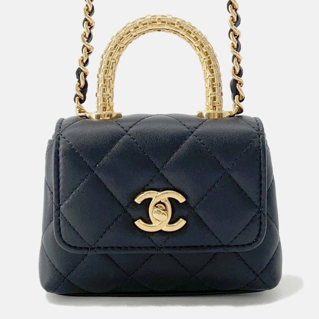 Chanel Coco Handle Chain shoulder Bag Black Lambskin Strass Size Micro