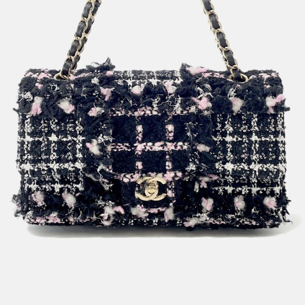 Chanel Matelasse Chain shoulder Bag Black/White/Pink Tweed Lambskin Sequins Size 25