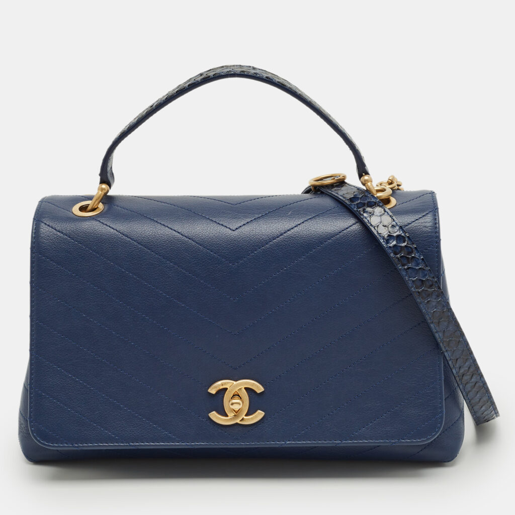 Chanel Navy Blue Chevron Leather and Python Business Affinity Flap Bag
