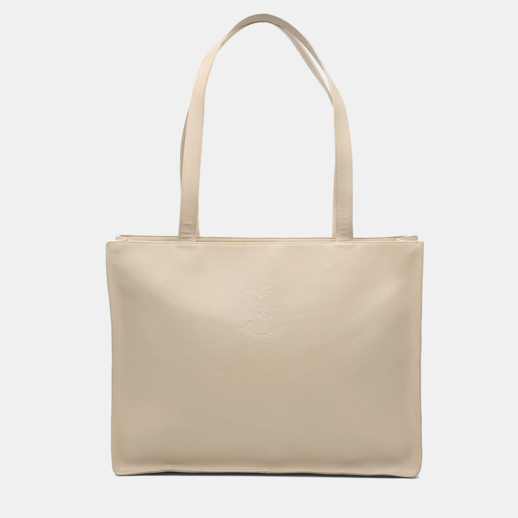 Chanel Brown Lambskin Embossed CC Camellia Tote Chanel Brown Lambskin Embossed CC Camellia Tote