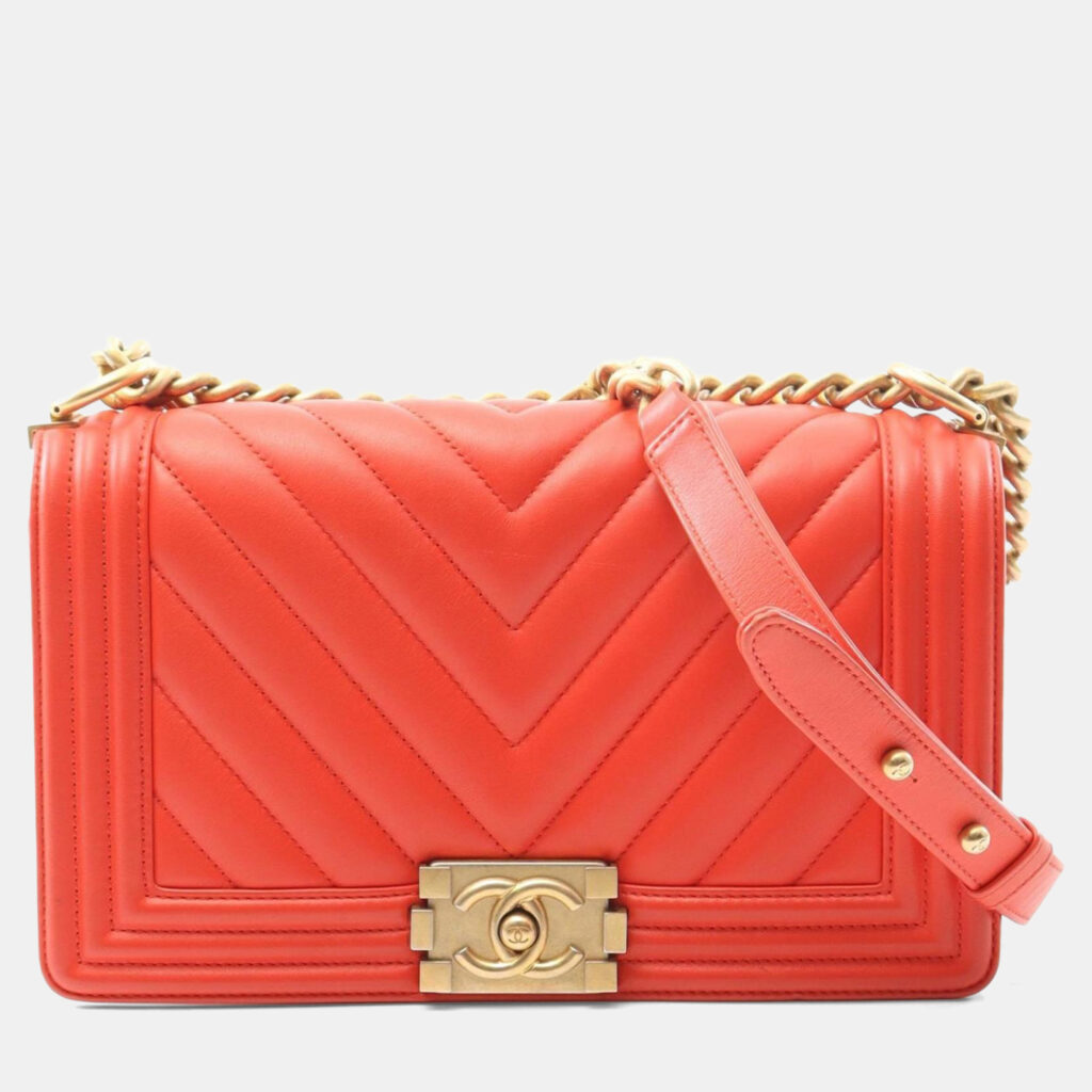 Chanel Boy Chanel Chevron V-Stitch Shoulder Bag In Lambskin Leather Red