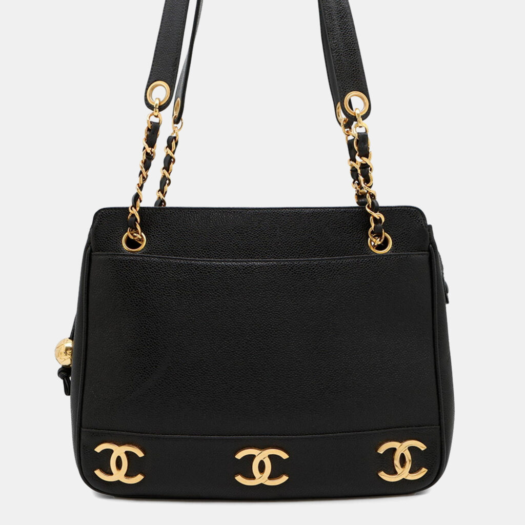 Chanel Chain Tote Bag With Triple Coco Mark And Caviar Leather Double Black Chanel Chain Tote Bag With Triple Coco Mark And Caviar Leather Double Black