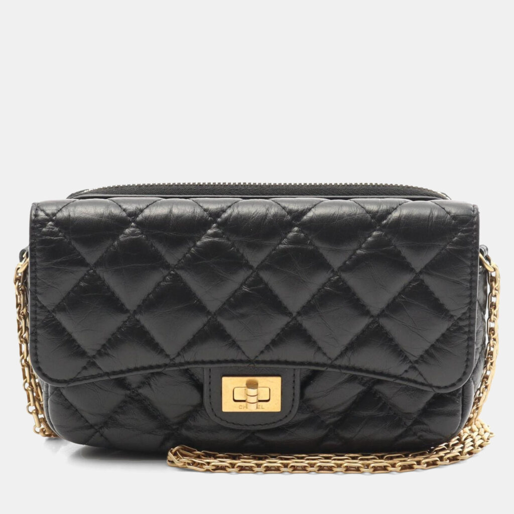 Chanel 2.55 Matelasse Shoulder Bag In Calfskin Leather Black