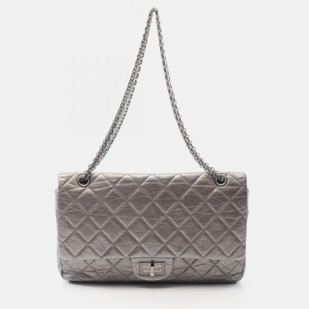 Chanel 2.55 Matelasse Maxi Silver Leather Double Flap Shoulder Bag