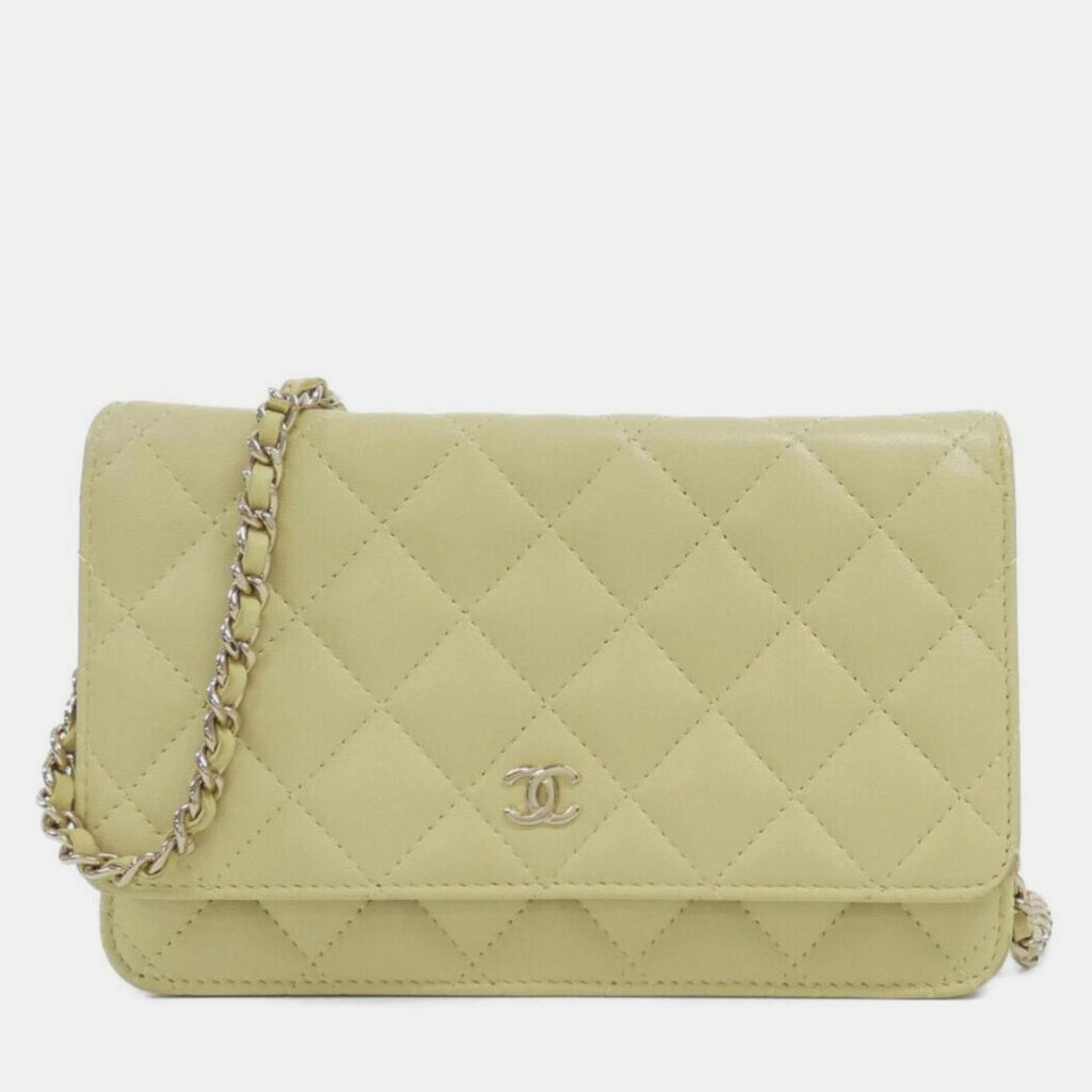 Chanel Timeless Classic Line Yellow Lambskin Leather Chain Wallet