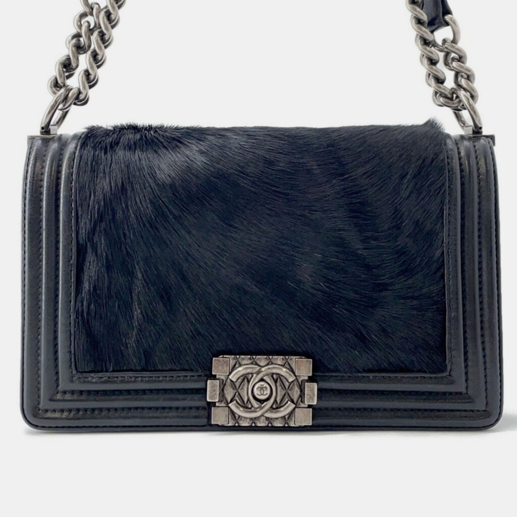 Chanel Boy Chain Shoulder Bag With Coco Mark Caviar Skin Black
