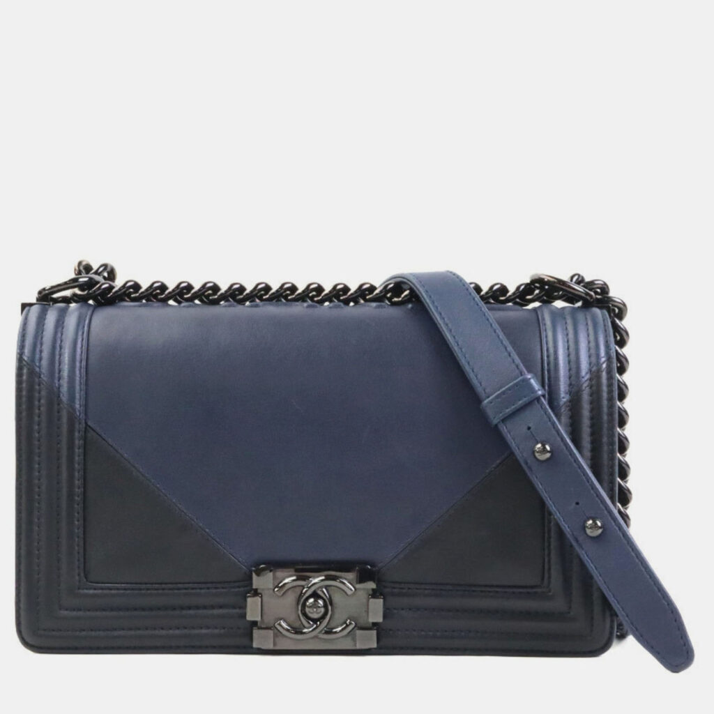 Chanel Boy Chanel Metal Navy Black Leather Shoulder Bag