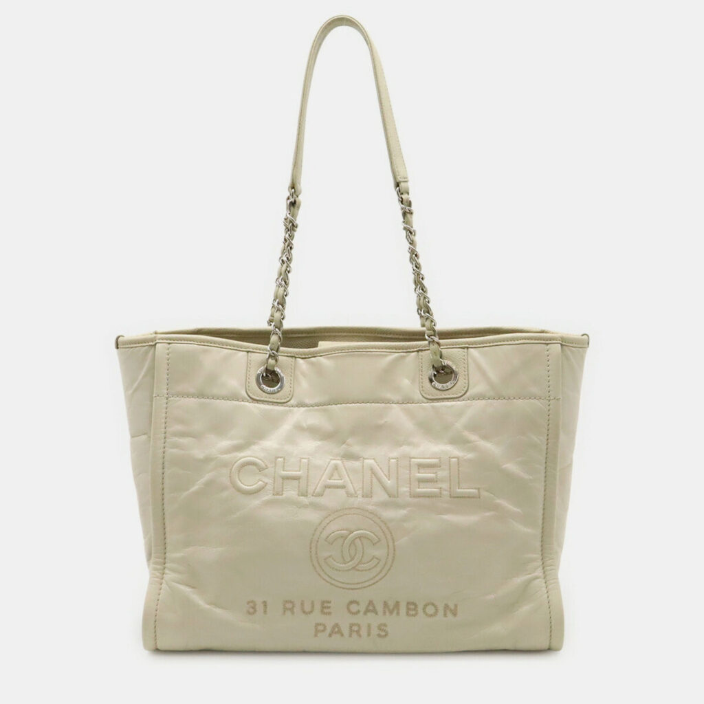 Chanel Deauville Medium Tote Mm Shoulder Bag With Chain Strap White Leather Chanel Deauville Medium Tote Mm Shoulder Bag With Chain Strap White Leather
