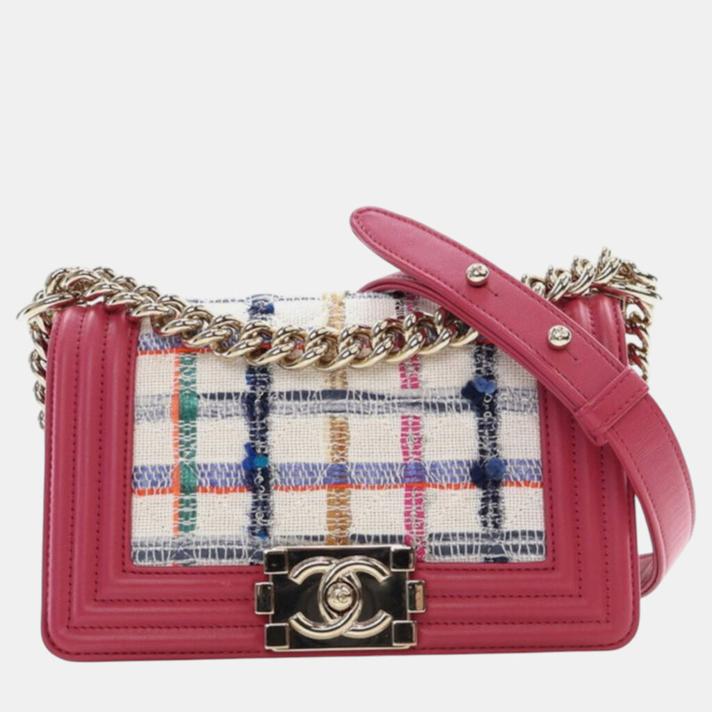 Chanel Pink White Small Tweed and Lambskin Boy Flap Chanel Pink White Small Tweed and Lambskin Boy Flap