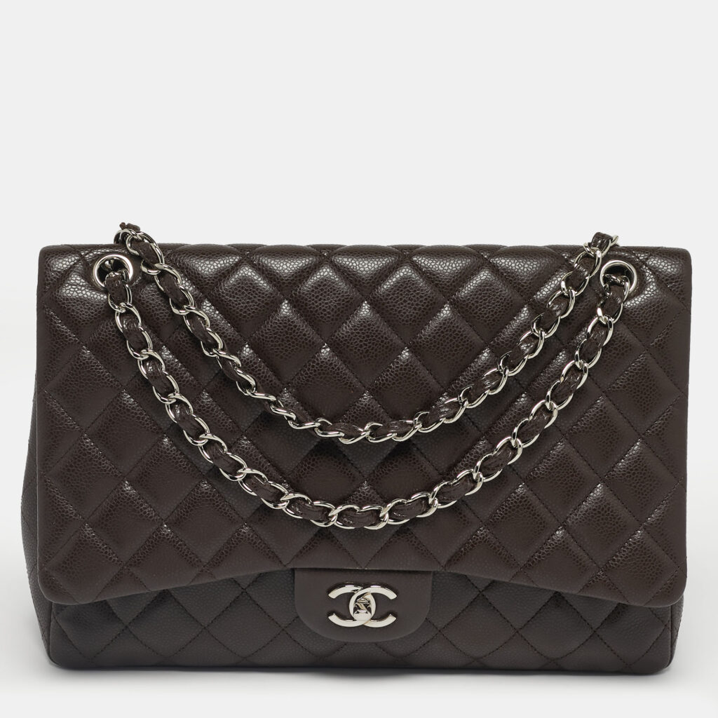 luxury-women-chanel-used-handbags-p1229346-010-1.jpg Chanel Dark Brown Quilted Caviar Leather Maxi Classic Single Flap Bag