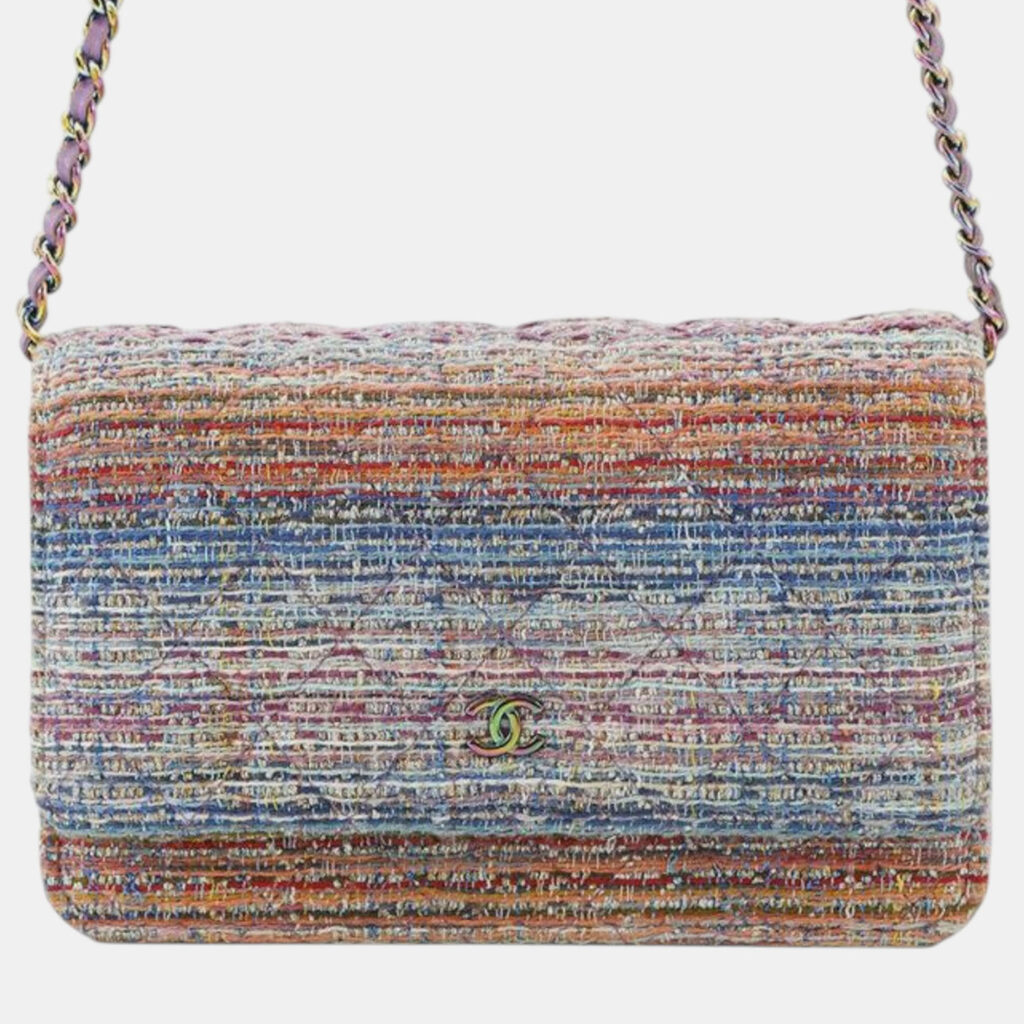 luxury-women-chanel-used-handbags-p1229379-010-1.jpg Chanel Multicolor CC Quilted Tweed Rainbow Hardware Wallet on Chain
