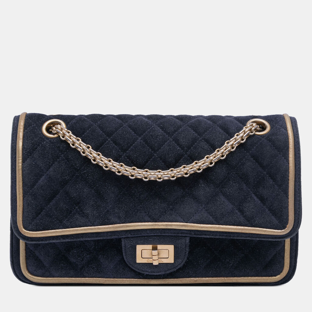 Chanel Navy Blue Reissue 2.55 Quilted Suede Double Flap 225