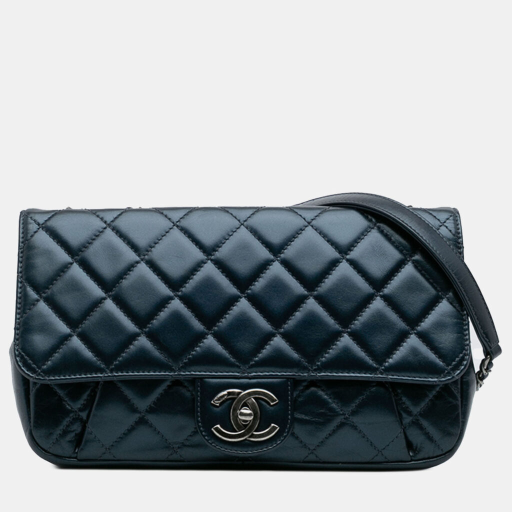 Chanel Blue Medium Quilted Glazed Calfskin Coco Pleats Flap