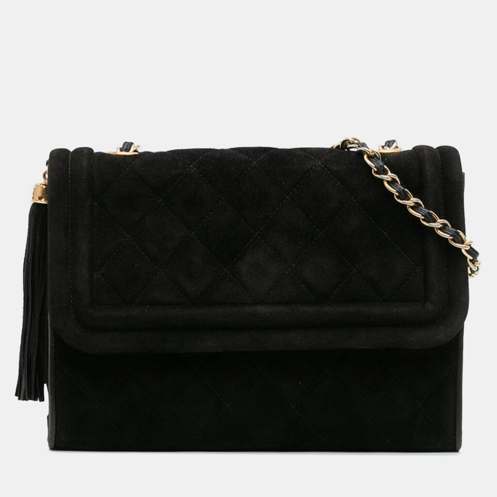 Chanel Black Quilted Suede Tassel Flap