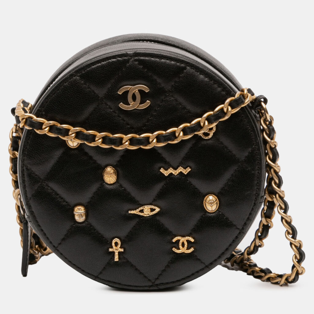 luxury-women-chanel-used-handbags-p1230345-008-1.jpg Chanel Black Quilted Lambskin Egyptian Amulet Charms Round Clutch with Chain