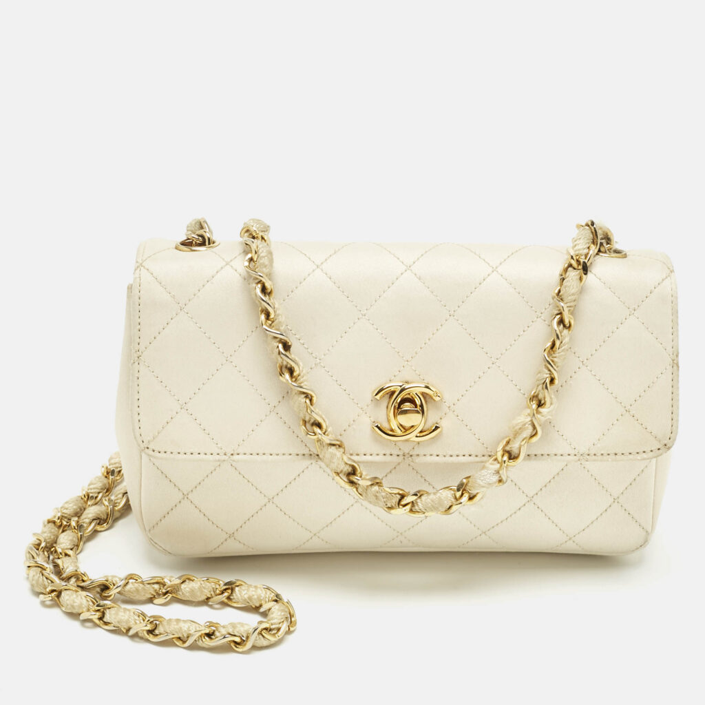 Chanel Off White Quilted Satin Vintage Flap bag