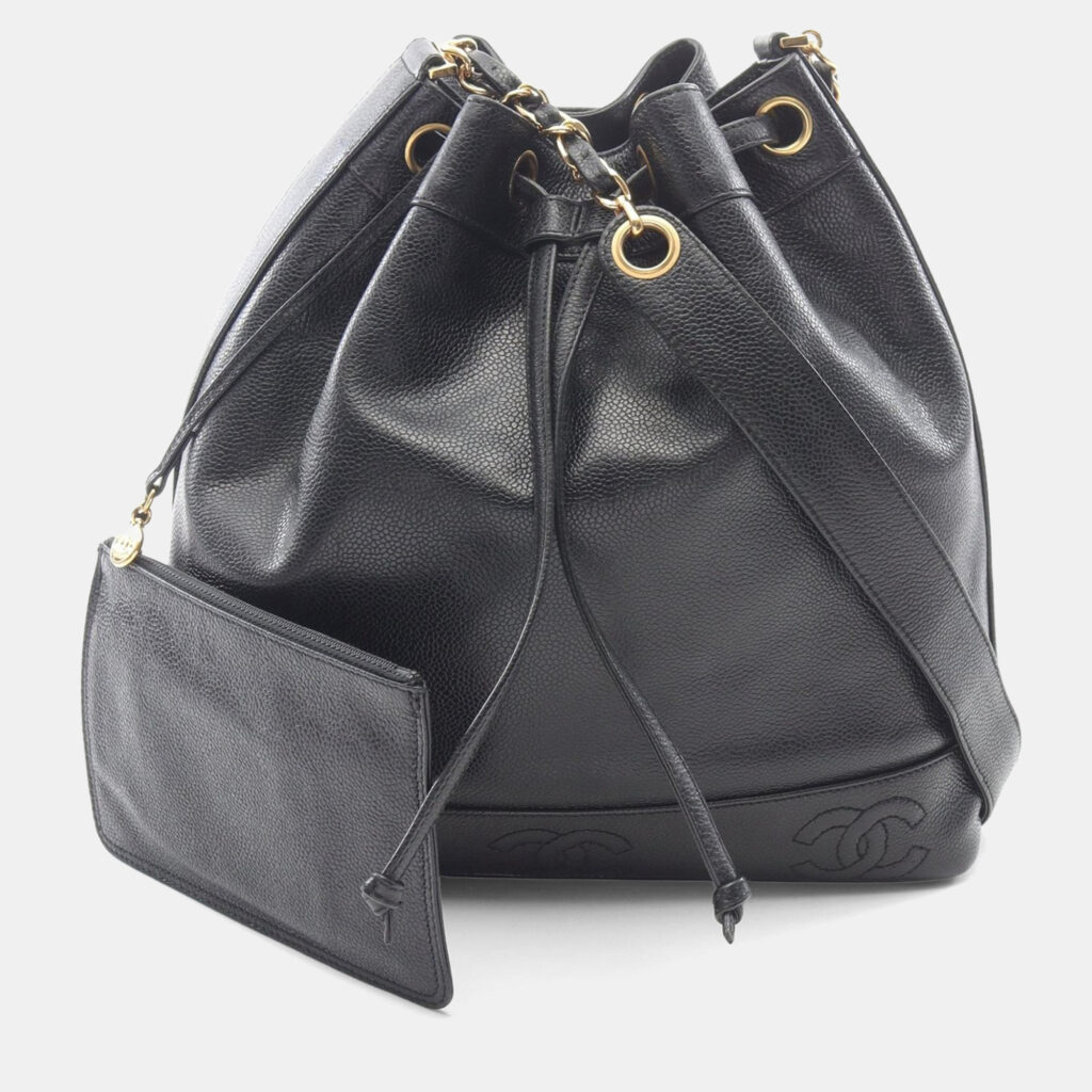 Chanel Triple Cc Logo Drawstring Chain Shoulder Bag Calfskin Black