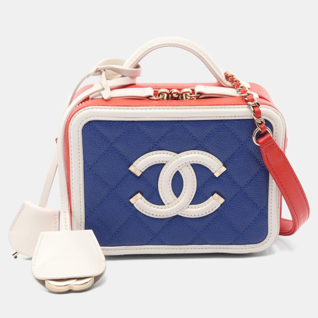 Chanel Cc Filigree Small Vanity Shoulder Bag Leather Blue Red White Chanel Cc Filigree Small Vanity Shoulder Bag Leather Blue Red White
