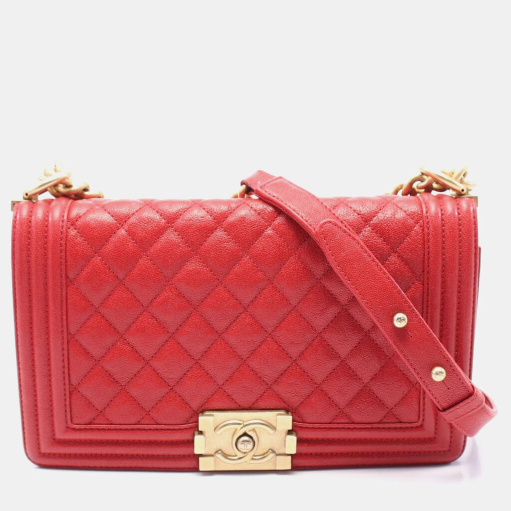 Chanel Boy Chanel CC Red Grained Calfskin Chain Shoulder Bag Chanel Boy Chanel CC Red Grained Calfskin Chain Shoulder Bag