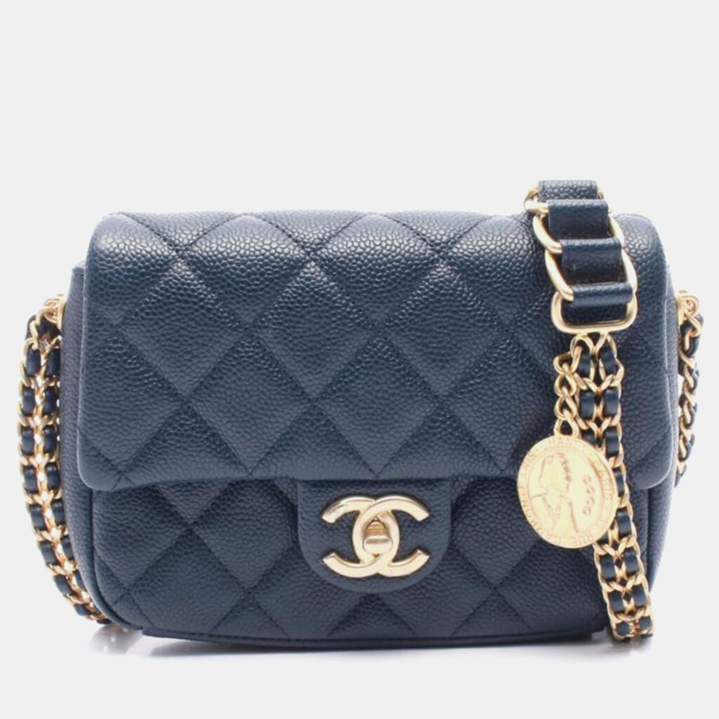 Chanel Matelasse Chain Shoulder Crossbody Bag Leather Navy Chanel Matelasse Chain Shoulder Crossbody Bag Leather Navy