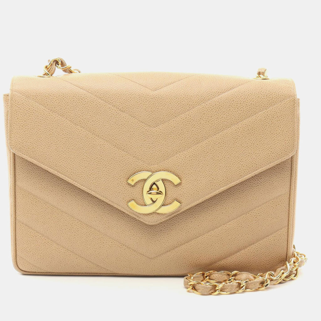 Chanel V Stitch Chain Crossbody Shoulder Bag Leather Beige Chanel V Stitch Chain Crossbody Shoulder Bag Leather Beige