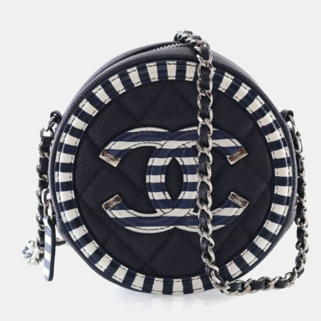 Chanel Blue/White Caviar Round Filigree Clutch With Chain