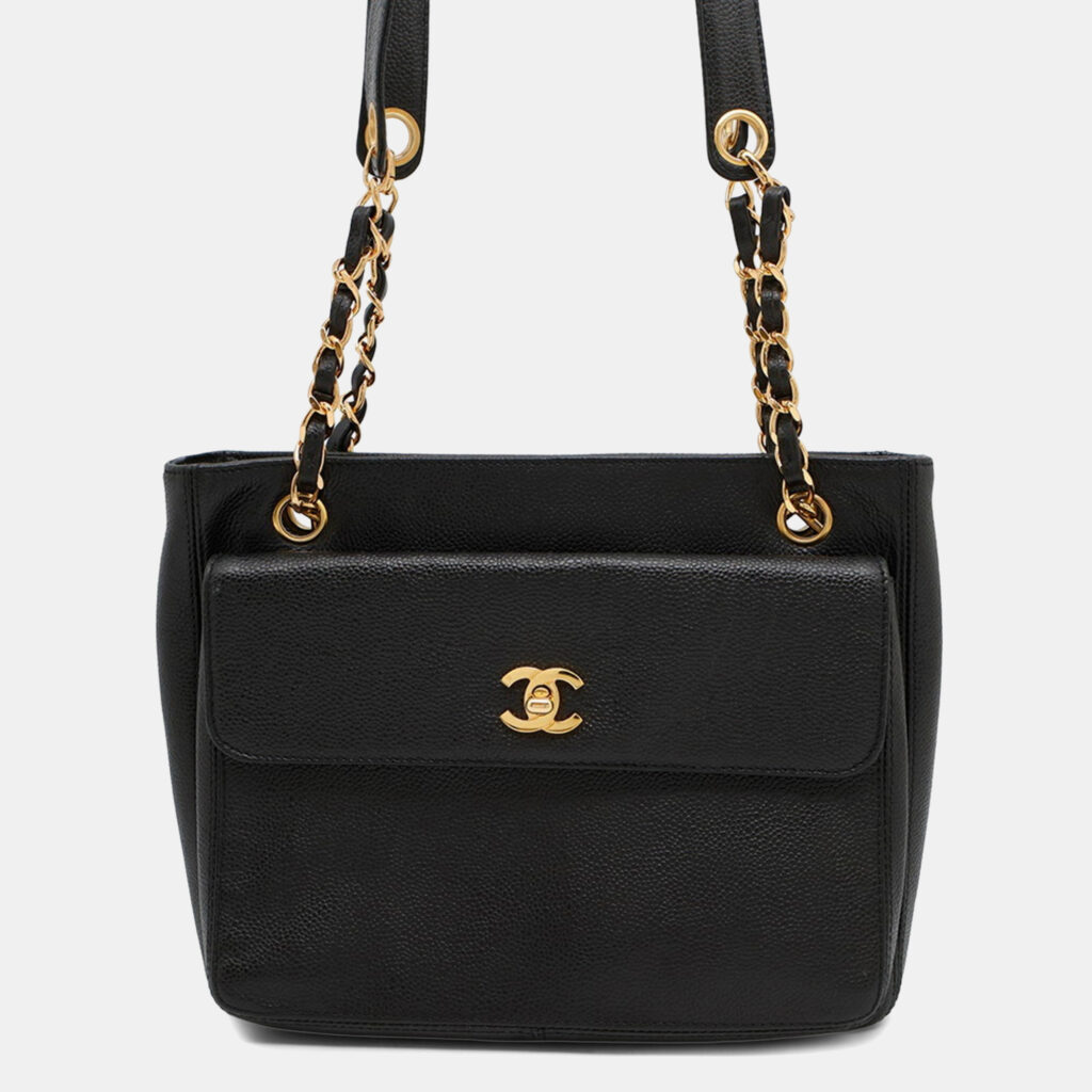 Chanel Chain Tote Bag With Coco Mark And Caviar Skin Black Chanel Chain Tote Bag With Coco Mark And Caviar Skin Black