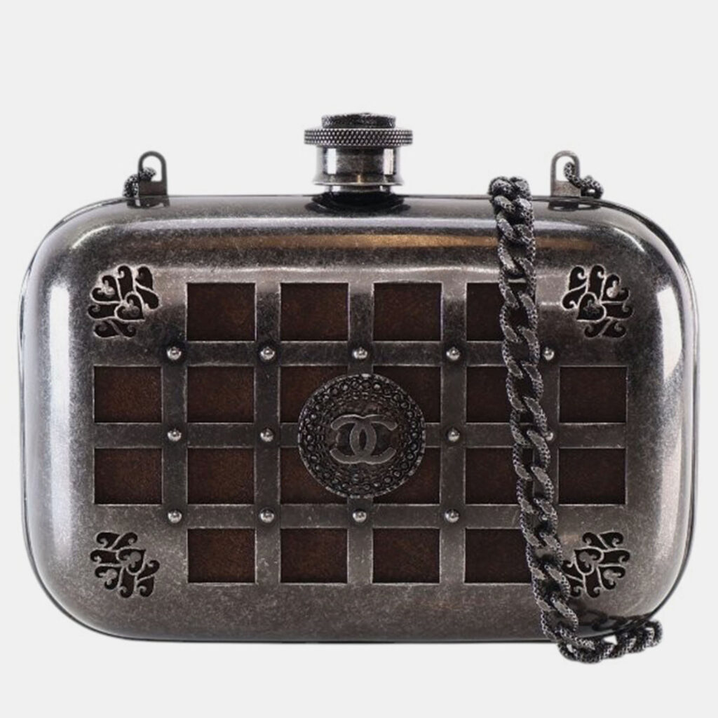 Chanel Grey Paris Edinburgh Mini Gunmetal Grid Cage Clutch on Chain Chanel Grey Paris Edinburgh Mini Gunmetal Grid Cage Clutch on Chain