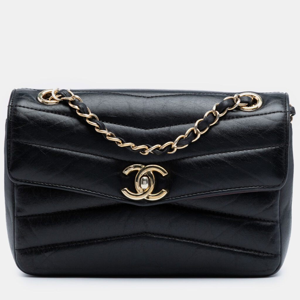 Chanel Black Small Chevron Shiny Lambskin Miroir Flap Bag