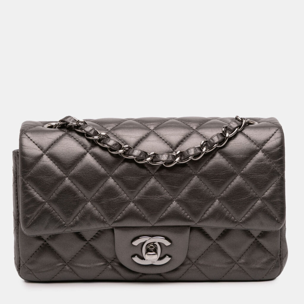 Chanel Grey Mini Rectangular Classic Metallic Lambskin Single Flap
