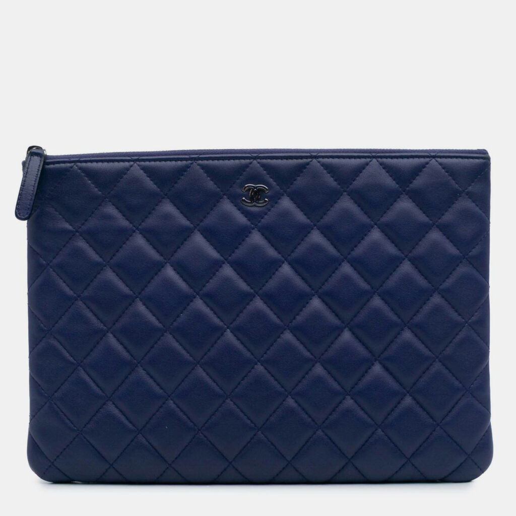 Chanel Blue Medium Quilted Lambskin O Case Clutch Chanel Blue Medium Quilted Lambskin O Case Clutch