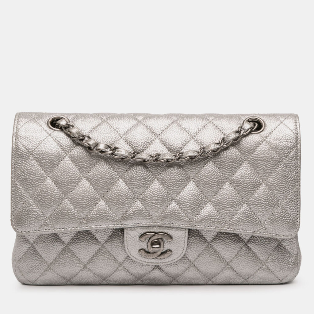 Chanel Silver Medium Classic Iridescent Caviar Double Flap