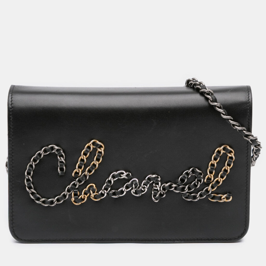 Chanel Black Calfskin Chain 20s Signe Wallet on Chain
