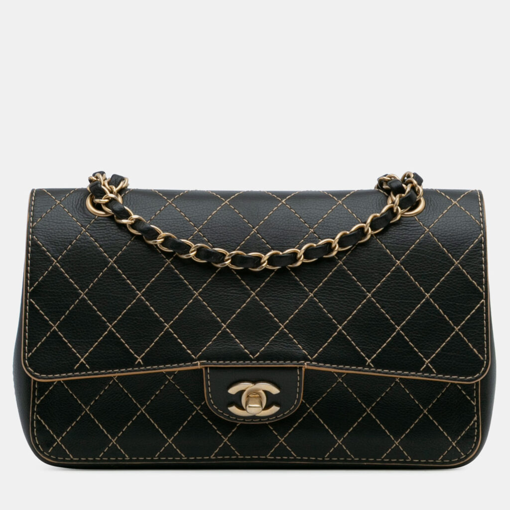 Chanel Black Medium Classic Calfskin Wild Stitch Double Flap