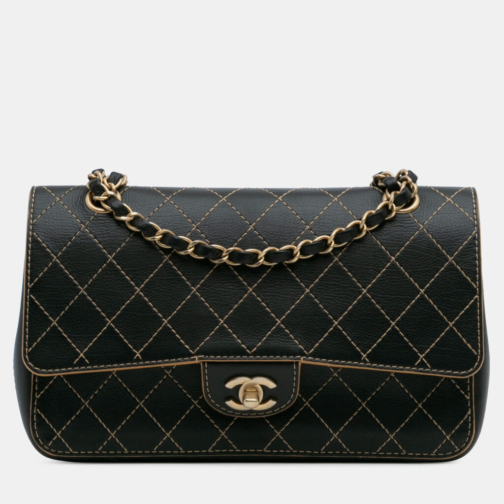 luxury-women-chanel-used-handbags-p1232686-007-1.jpg Chanel Black Medium Classic Calfskin Wild Stitch Double Flap