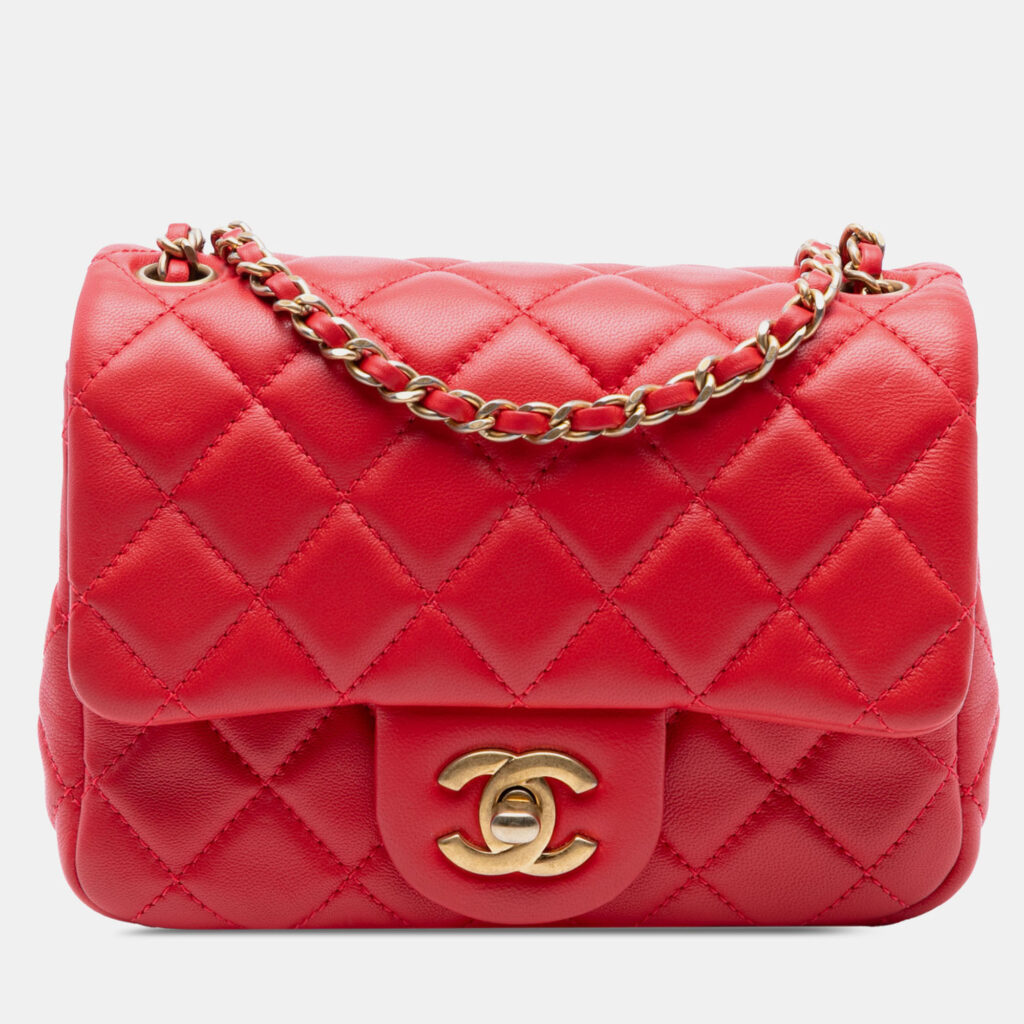 Chanel Red Mini Square Classic Lambskin Pearl Crush Single Flap
