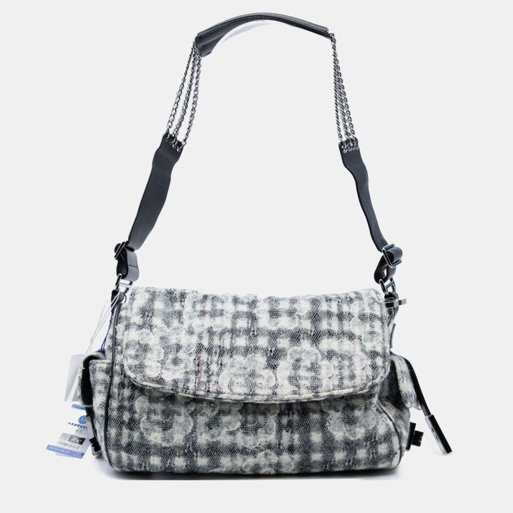Chanel Black Tweed Camellia Chain Flap Shoulder Bag
