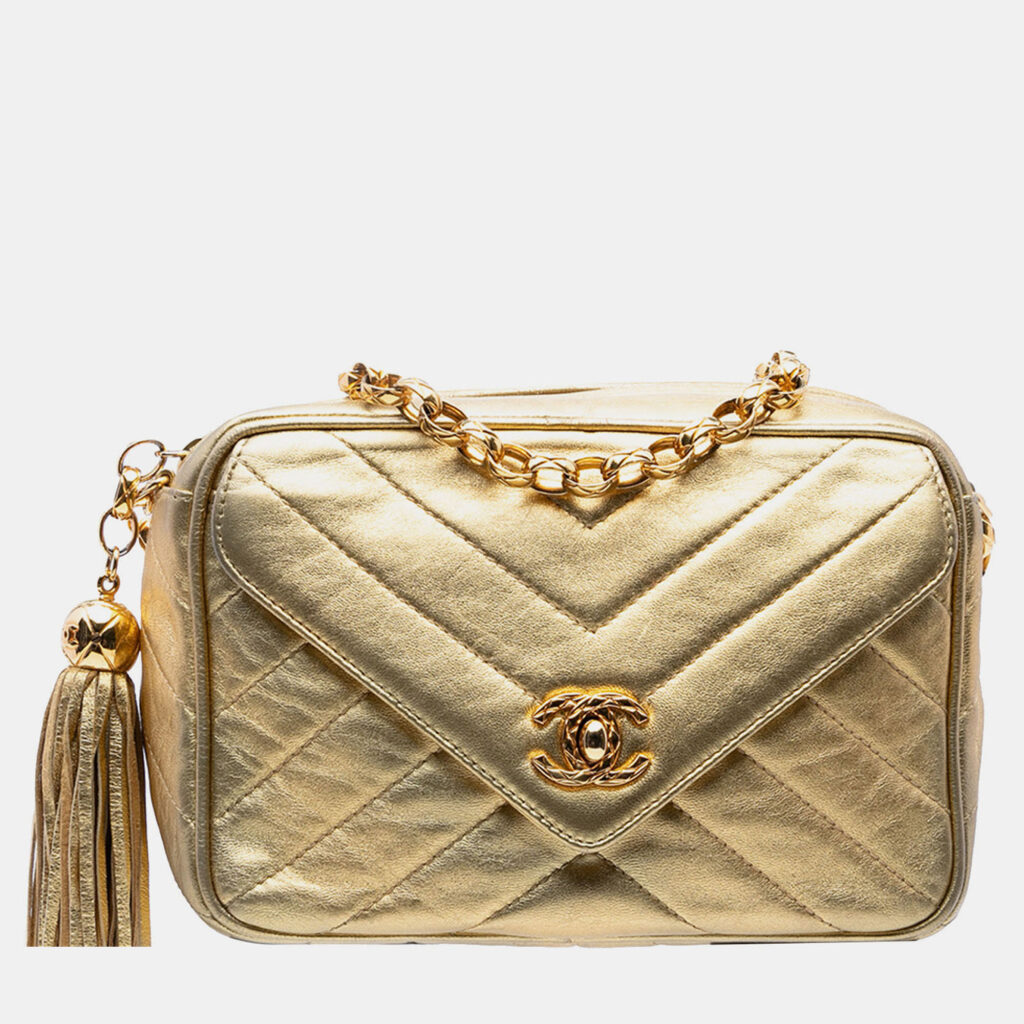 Chanel Gold Chevron Metallic Lambskin Tassel Chain Camera Bag