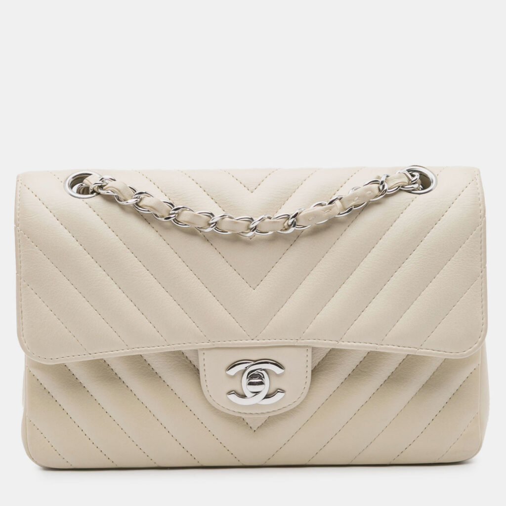 Chanel White Small Classic Chevron Lambskin Double Flap