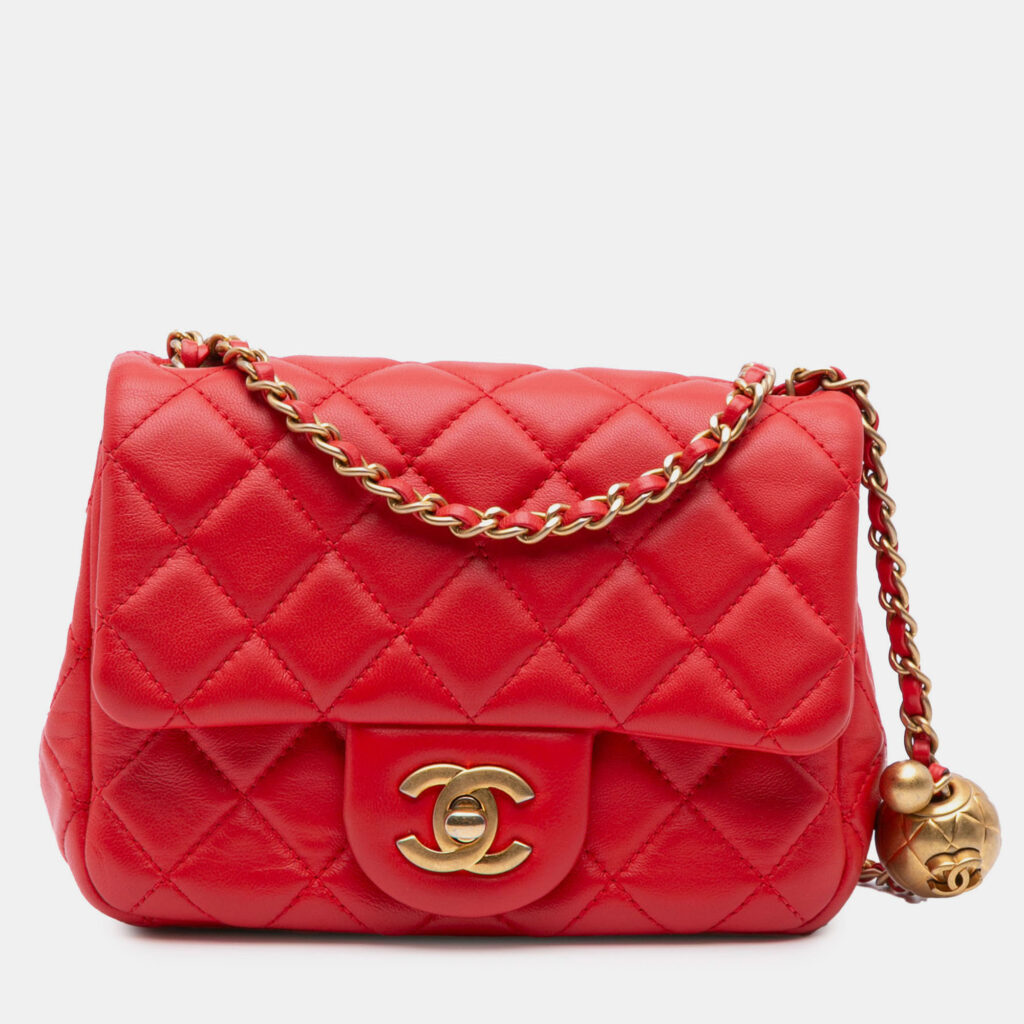 Chanel Red Mini Square Classic Lambskin Pearl Crush Single Flap
