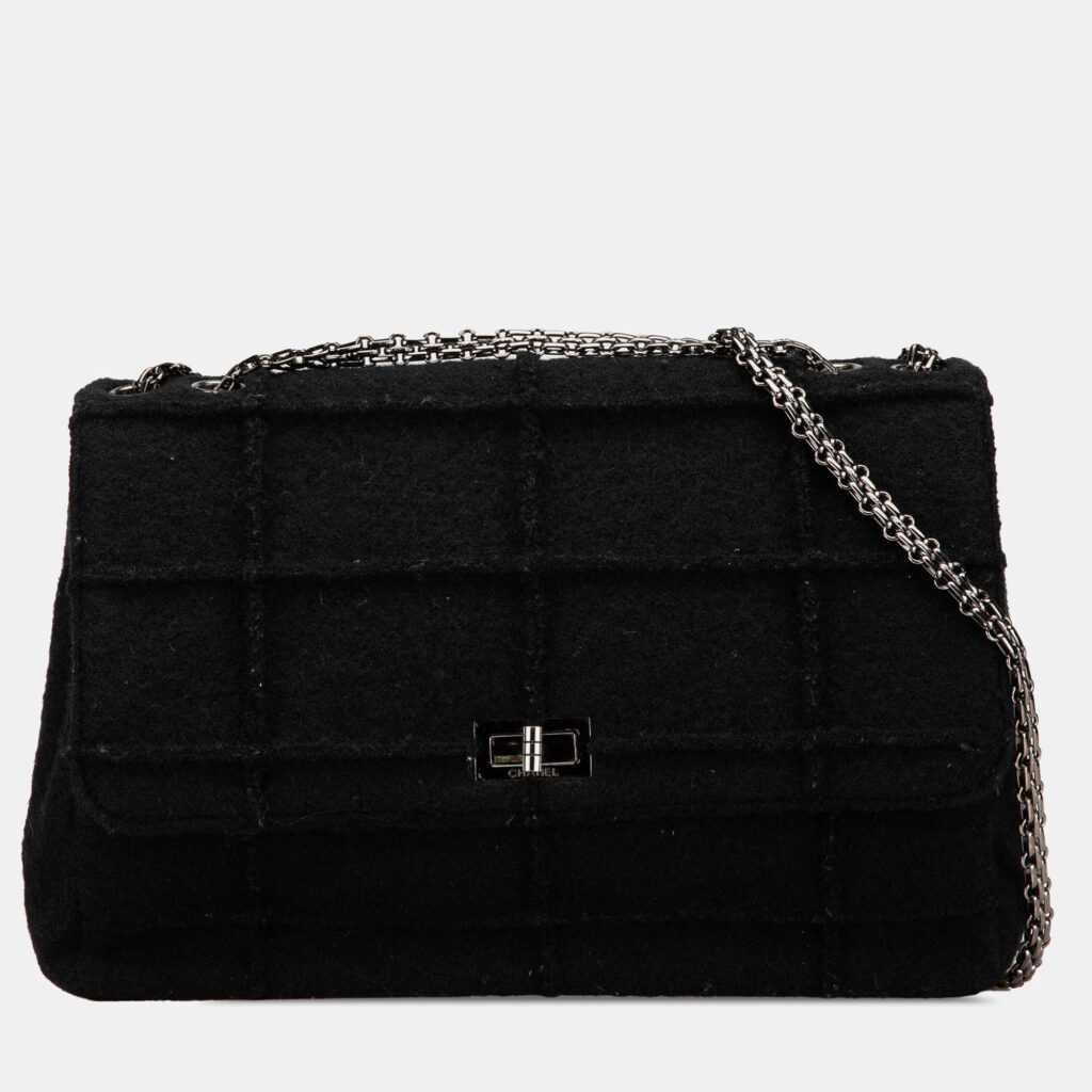 Chanel Black Jumbo Reissue 2.55 Choco Bar Wool Felt Identification Flap