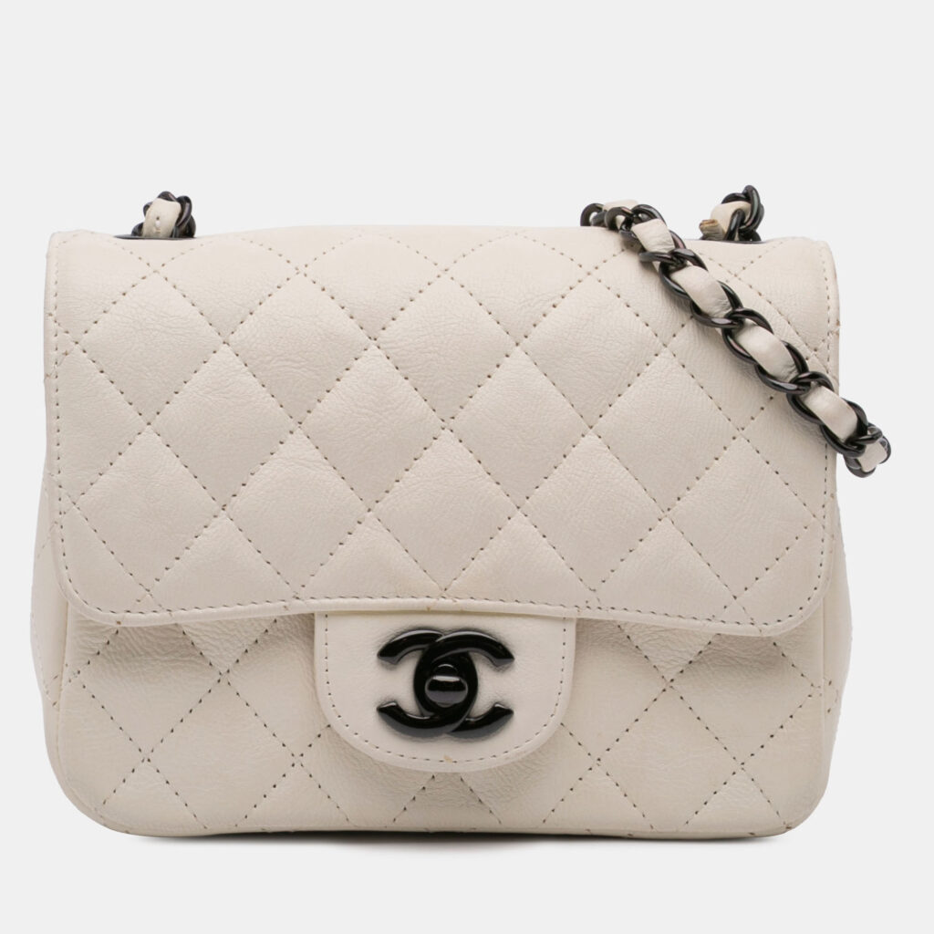 Chanel White Mini Square Classic Crumpled Calfskin Single Flap