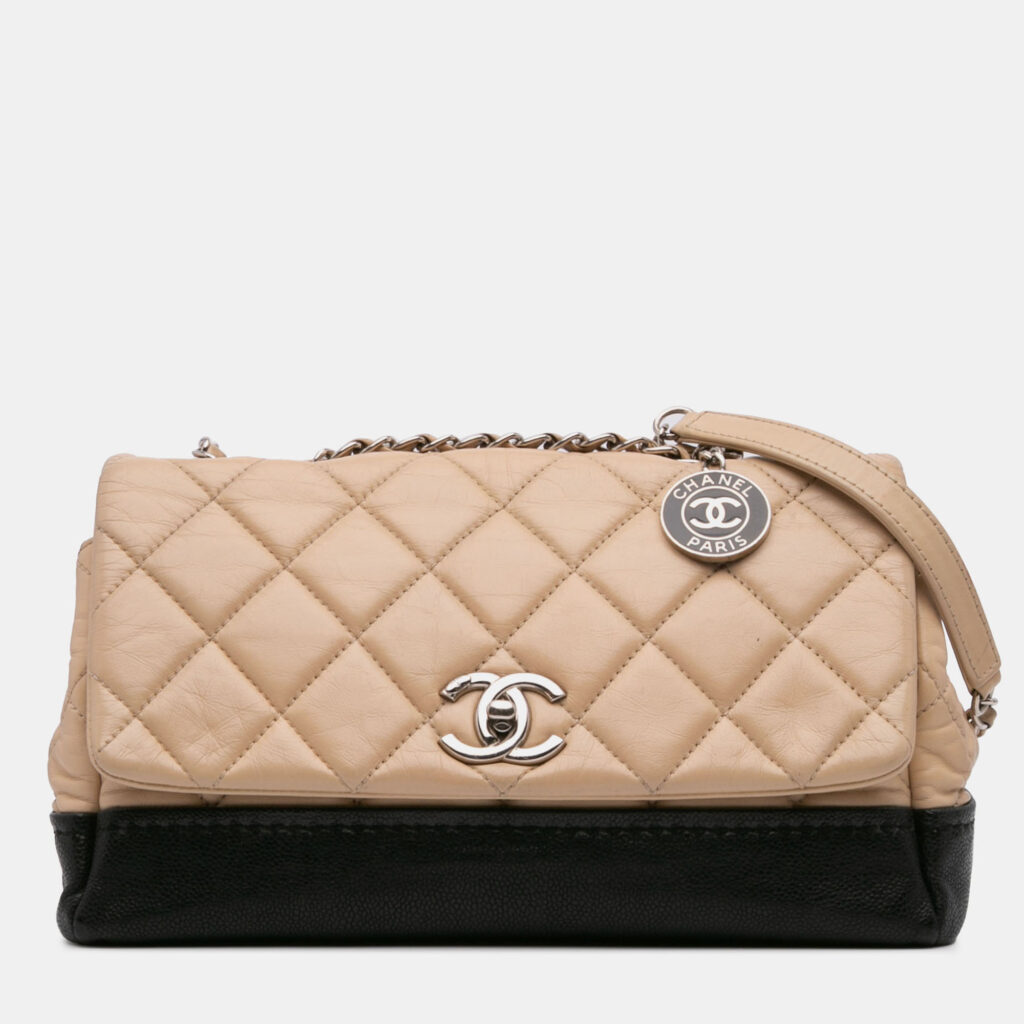 Chanel Beige/Black CC Bicolor Quilted Calfskin and Caviar Single Flap